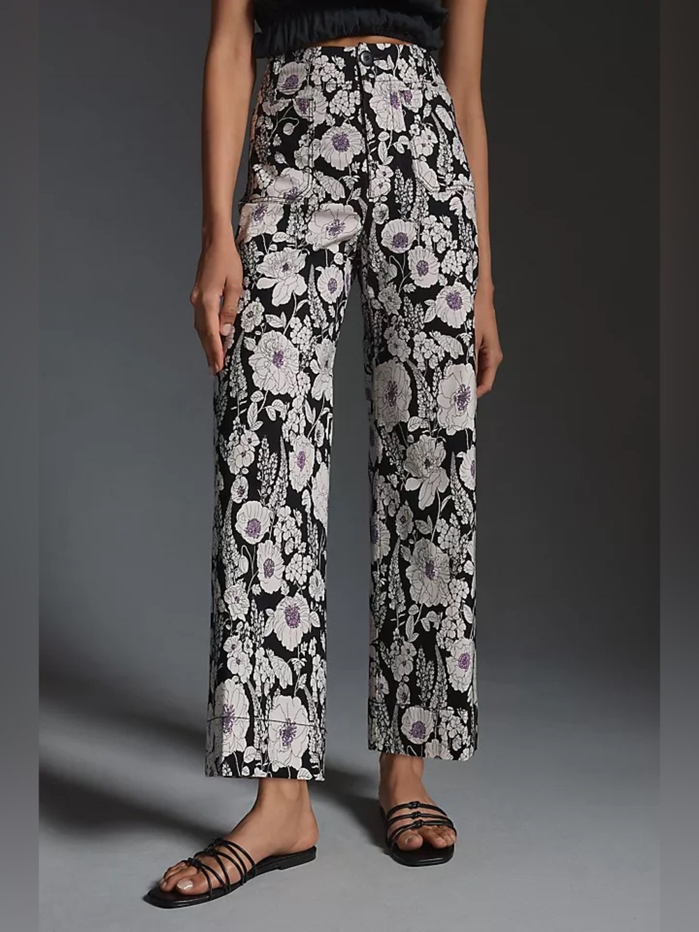 Maeve Anthropologie Colette Wide Leg Crop Black Floral Pants Boho 31 Petite